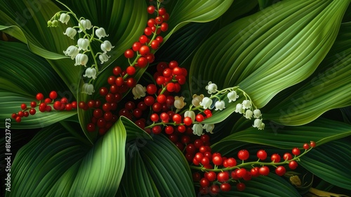 Lily of the Valley Adorned with Plump Red Berries and Large Green Leaves photo