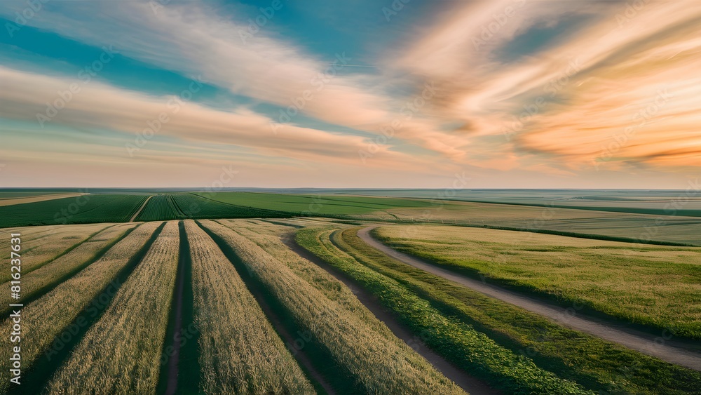 Agricultural field landscape, endless crop fields to horizon, countryside farm land photo Agricultural field landscape, endless crop fields to horizon, countryside farm land photo