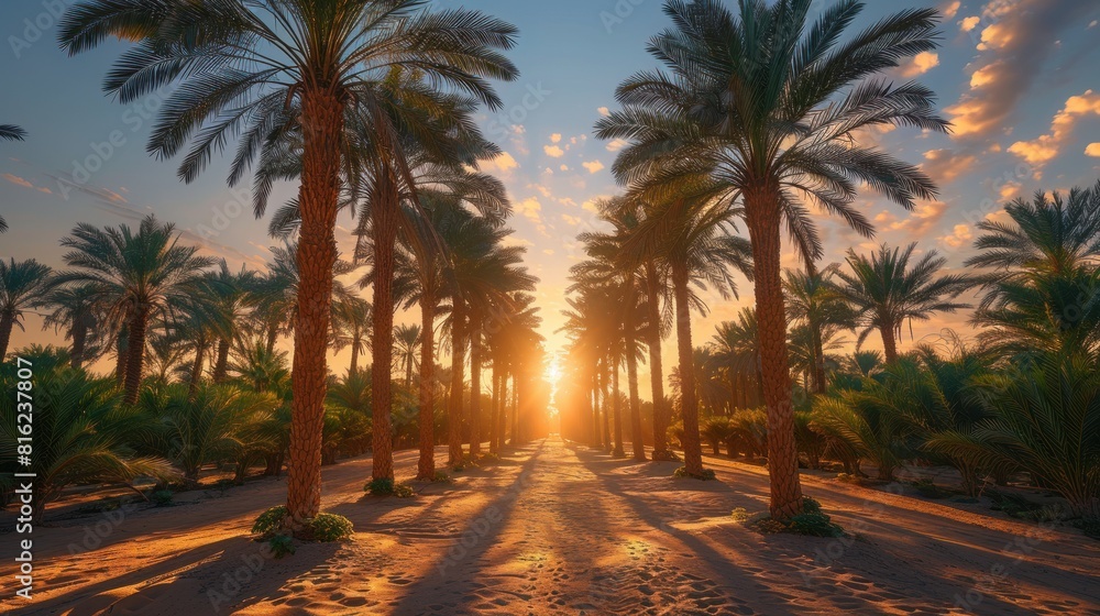 Obraz premium Palm tree garden view at sunset