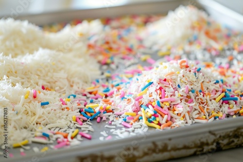 dessert toppings, a tray filled with colorful sprinkles and grated coconut, offering a lively and delightful coconut treat experience photo