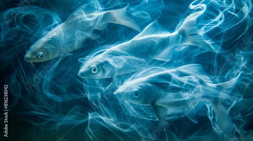 A group of ghostly fish made from swirling smoke, their bodies forming delicate shapes that change and shift with the wind. The underwater scene is illuminated in the style of soft blue light photo
