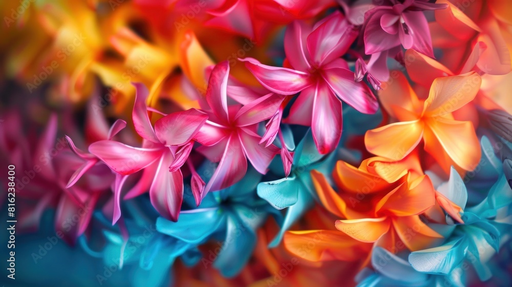 Illustration of Hawaiian flowers and leaves with blurred sunrise background with copy space. AI generated Illustration of Hawaiian flowers and leaves with blurred sunrise background with copy space. AI generated