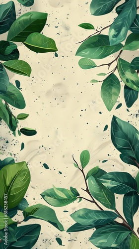 Lush Green Leaves and Branches on Beige Background