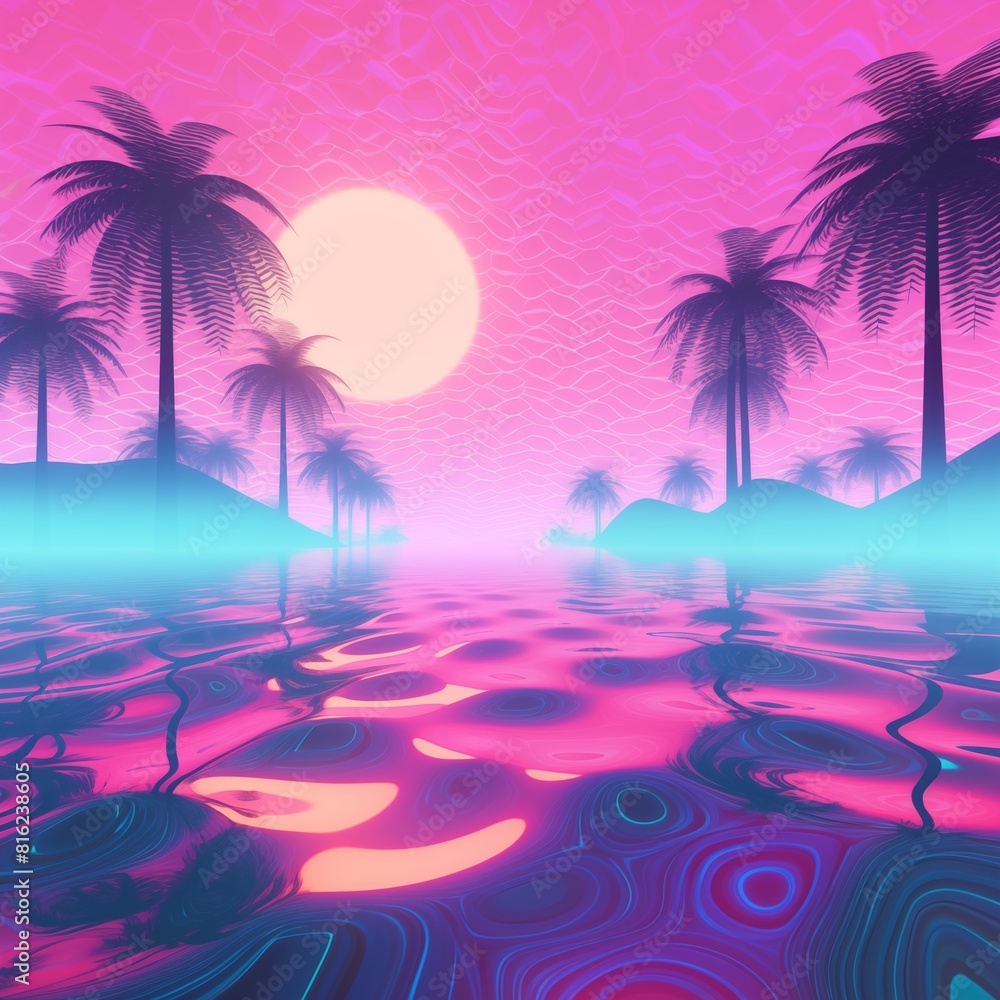 Vibrant Tropical Sunset Over Serene Waters with Palm Trees and Pink Sky.