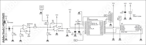 Schematic diagram of electronic device.
Vector drawing electrical circuit with 
operational amplifier, resistor, capacitor,
integrated circuit, photo transistor, 
other components on white background