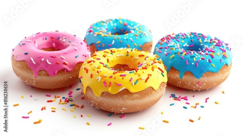 Colorful doughnuts with sprinkles isolated on white background featuring t character © LukaszDesign