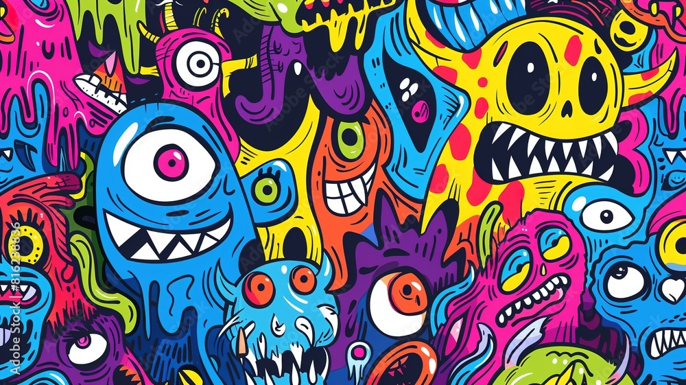 Fototapeta premium Abstract graffiti cartoon monsters, Hand drawn doodle pattern