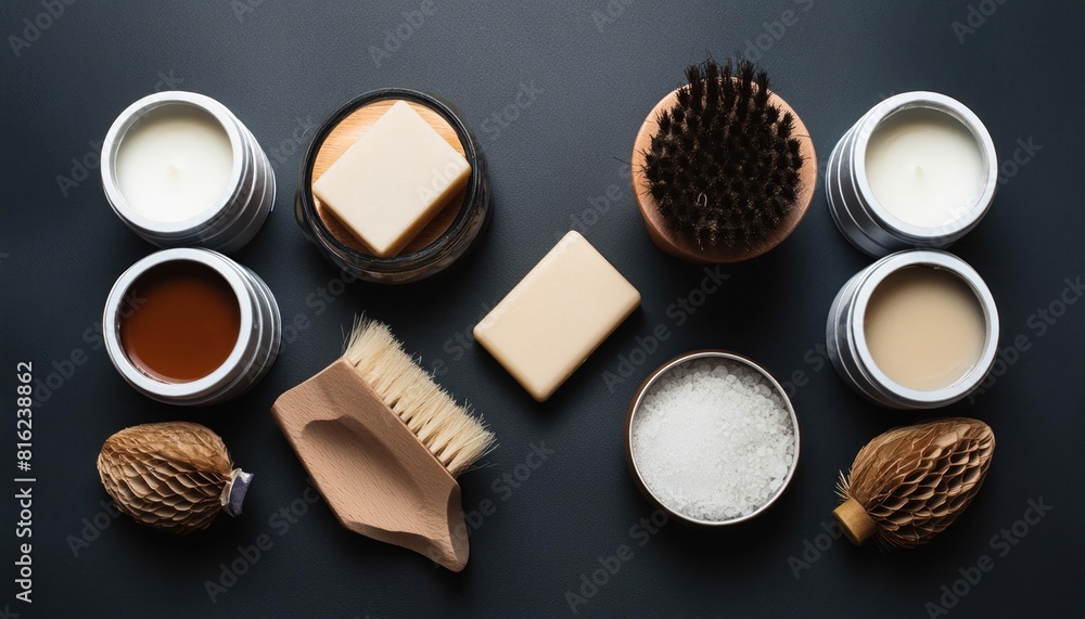 Sustainable lifestyle concept. Top view photo of natural hand made soap bar and eco friendly personal care products Sustainable lifestyle concept. Top view photo of natural hand made soap bar and eco friendly personal care products