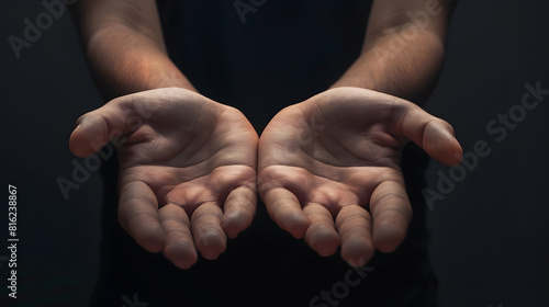 Give two hands with nothing on both on dark background with copy space Closeup receiving gesture of outstretched cupped empty open hands Concept of giving donation receiving asking and : Generative AI