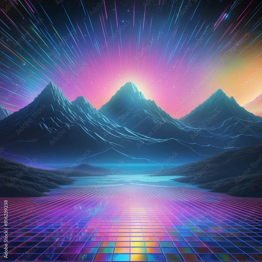 Retro-Futuristic Neon Mountain Landscape with a Grid Lake and a Glowing Sunset.
