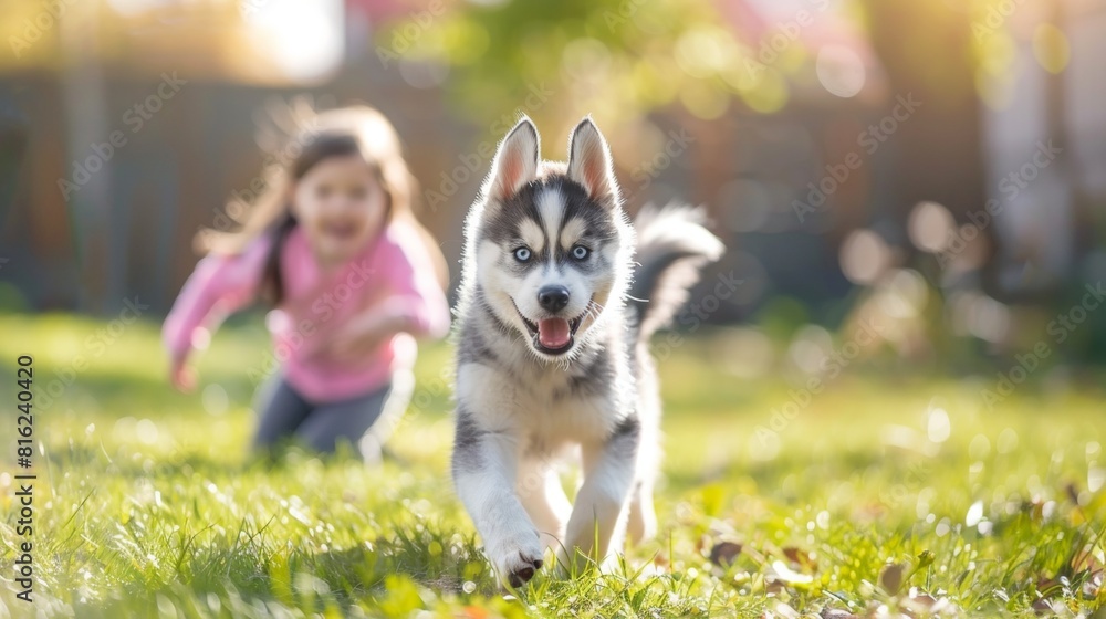 Portrait of a Husky dog running with a little girl on lawn in outdoor park Portrait of a Husky dog running with a little girl on lawn in outdoor park