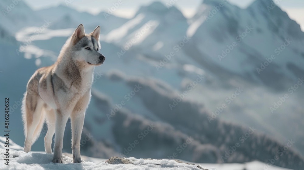 Obraz premium Portrait of a Husky dog on top of mountain in outdoor park in winter