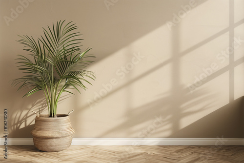 Empty wall mockup in warm neutral beige room interior with wicker armchair palm plant in woven basket boho style decoration and free space. Illustration 3d rendering