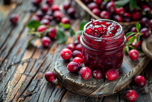 Homemade cranberry jam in a mason jar  surrounded by fresh berries on a rustic wooden table  evoking cozy  countryside vibes