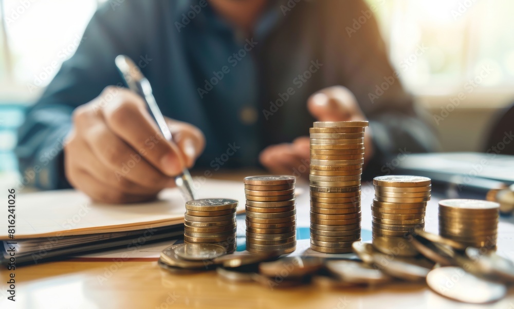 Businessman stacking coins on a table in an office for a money stairs concept, closeup view with a notebook and pen on a work desk in the background Businessman stacking coins on a table in an office for a money stairs concept, closeup view with a notebook and pen on a work desk in the background