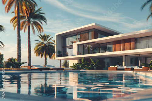 Exterior of amazing modern minimalist cubic villa with large swimming pool among palm trees. Created with generative Ai