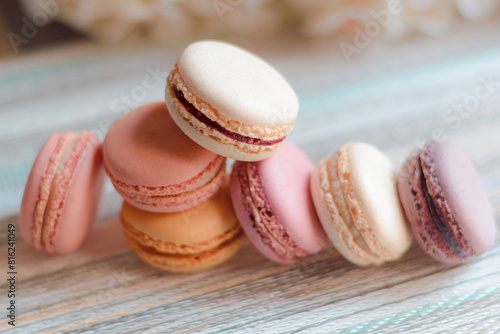 Macaron, typical French sweet, homemade macaron in different flavors and colors.