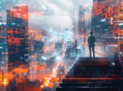 Businessman standing on the stairs and looking at the cityscape with a digital twin technology background, in the style of double exposure photography.