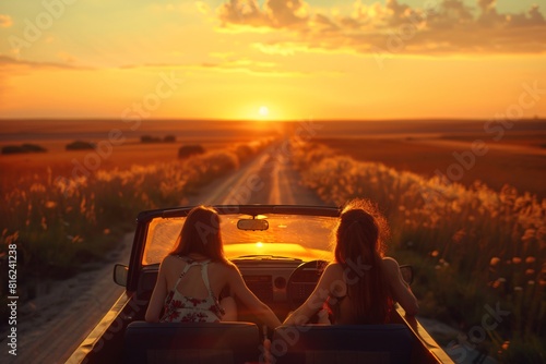 Two beautiful women on a self driving trip in the sunset
