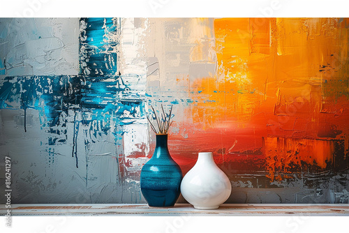 Still life featuring an abstract painting on dresser beside a white vase