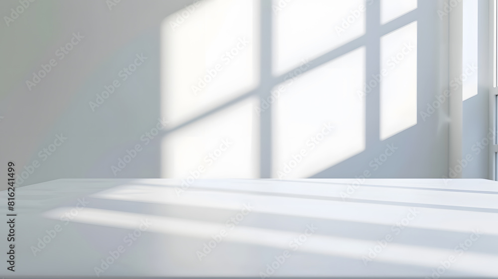 Fototapeta premium Empty white desk with morning light and shadows of windows with copy space summer concert Blurred backdrop abstract background for display product : Generative AI