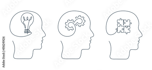 Drawing human head with gears inside in one line. Silhouette man head with light bulb symbol. Concept of mental health. Puzzle in human head. Business concept in single continuous line. Set.