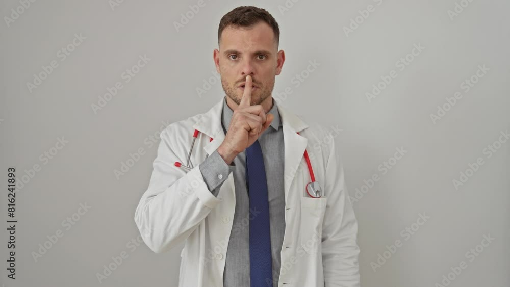Handsome man in a lab coat gesturing silence against a white background Handsome man in a lab coat gesturing silence against a white background