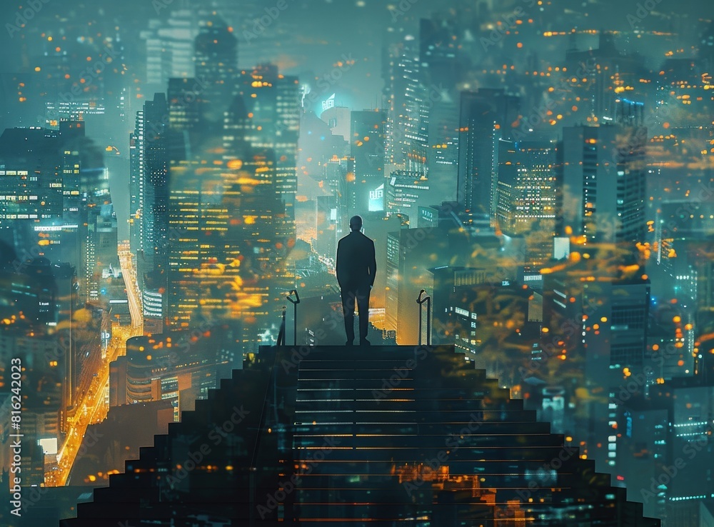 Businessman standing on the stairs in front of a cityscape at night with a double exposure effect. Businessman standing on the stairs in front of a cityscape at night with a double exposure effect.