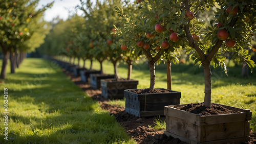 apple trees orchard row