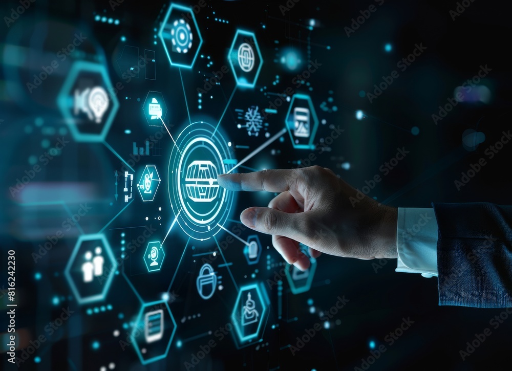 Businessman touching a digital icon on a virtual screen with business icons and documents floating in the background, symbolizing majestic soft focus photography Businessman touching a digital icon on a virtual screen with business icons and documents floating in the background, symbolizing majestic soft focus photography