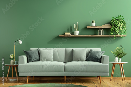 Grey sofa against green wall with floating shelf. Scandinavian home interior design of modern living room.