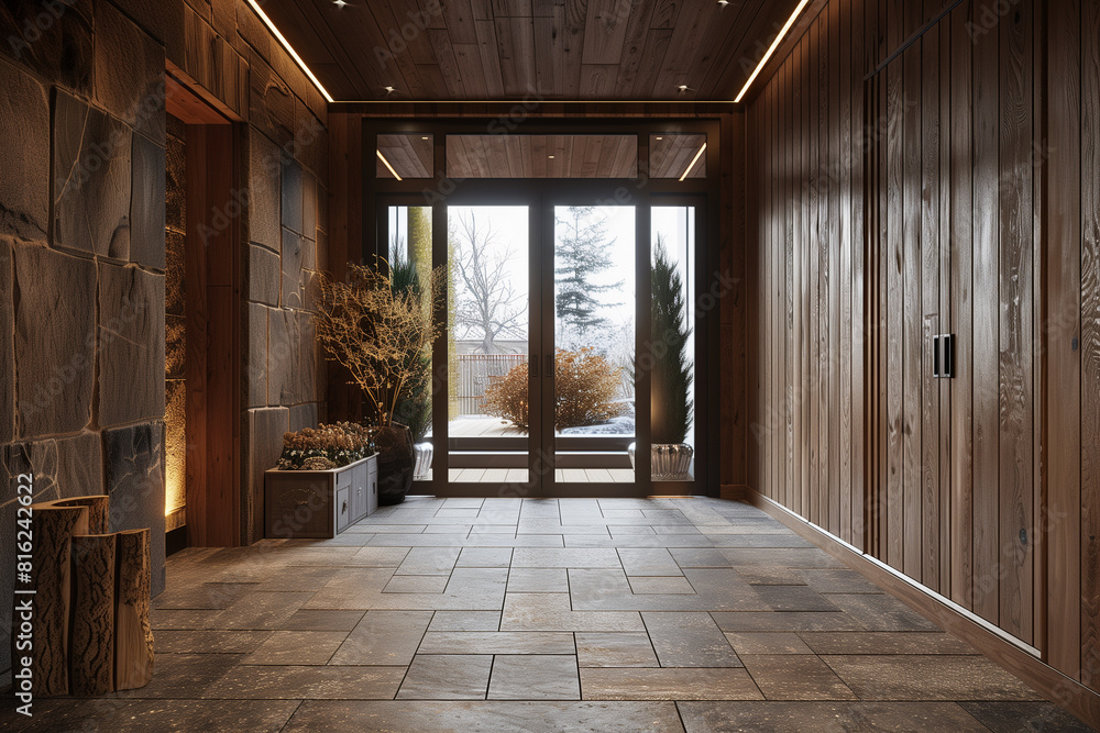 Hallway with stone tiled floor and wooden lining paneling walls. Rustic home interior design of modern entrance hall with glass door. Created with generative AI
