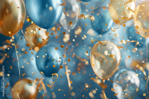 Holiday background with golden and blue metallic balloons confetti and ribbons. Festive card for birthday party anniversary new year christmas or other events. Created with generative Ai