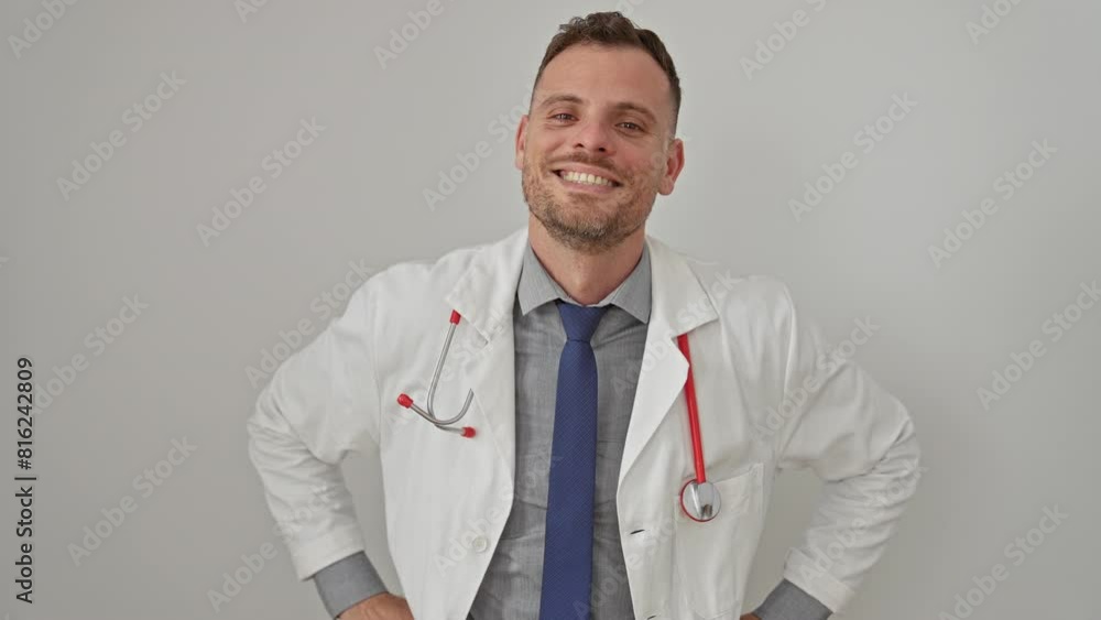 Smiling confident male doctor in white coat with stethoscope against a white background Smiling confident male doctor in white coat with stethoscope against a white background