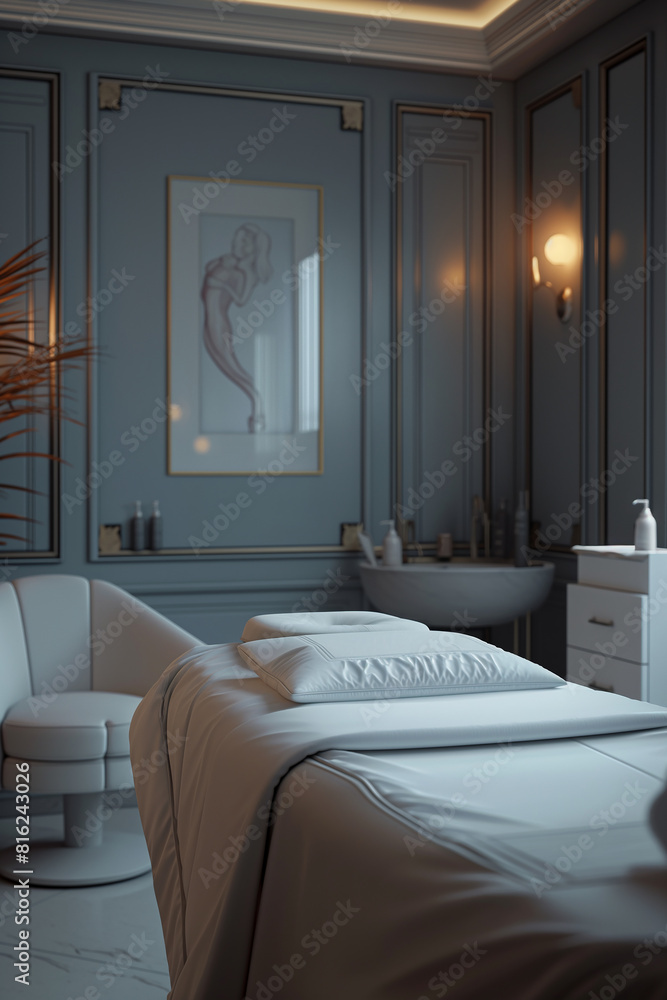 Fototapeta premium A cinematic representation of a skincare clinic, with patients enjoying rejuvenating treatments. Cozy bedroom in a building with two beds, a couch, and a sink