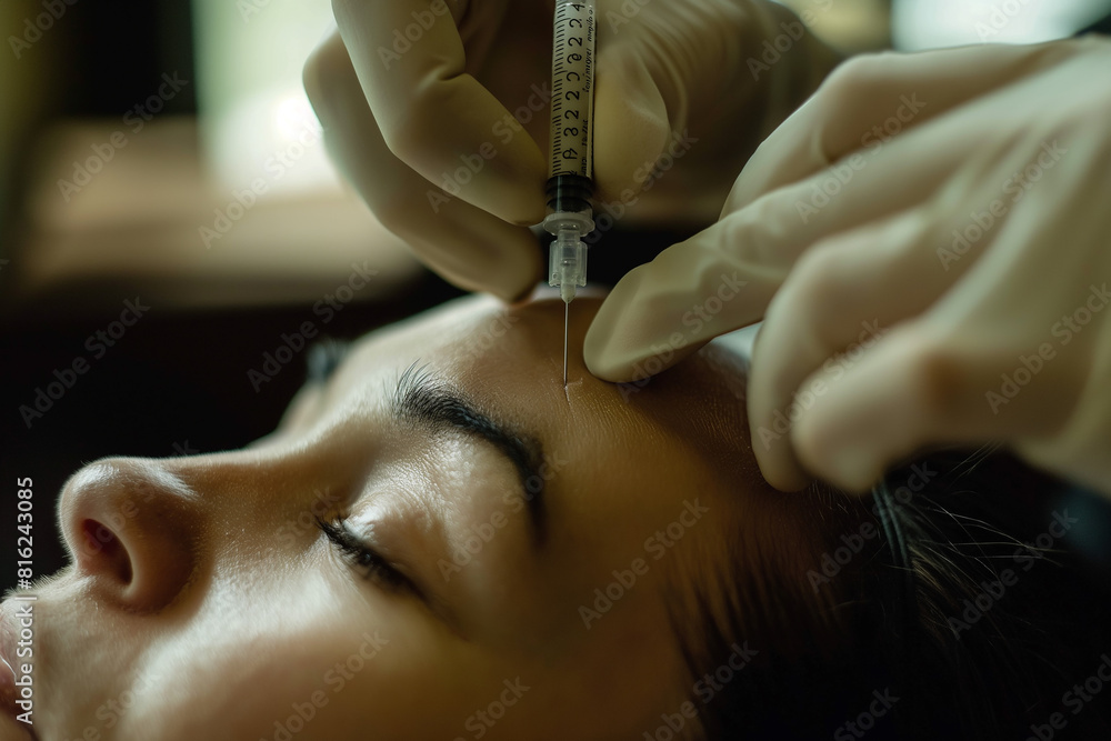 A close-up of a person receiving Botox injections in their forehead, highlighting the procedure's precision.