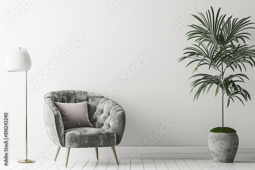 Home interior wall mock up with gray velvet armchair cushion hanging lamp and plant in vase on empty white background. 3D rendering. photo