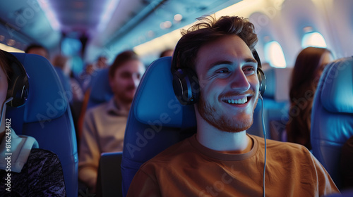 
Two young lovers in airplane seats in the front of a touch screen behind the seats, watching movie and wear phones,