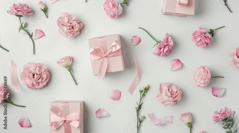 Celebrating Women s Day and Mother s Day with gift boxes against a white backdrop Celebrating Women s Day and Mother s Day with gift boxes against a white backdrop