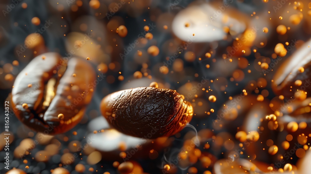 Coffee beans are being thrown up into the air, creating a dynamic and energizing scene Coffee beans are being thrown up into the air, creating a dynamic and energizing scene