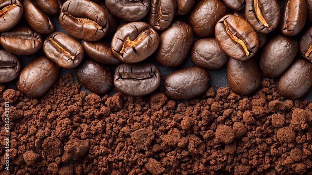 Roasted coffee beans scattered amidst coffee powder on a dark surface Roasted coffee beans scattered amidst coffee powder on a dark surface