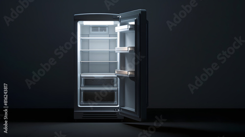 interior of refrigerator with the door open on black background with light in the upper area inside the refrigerator : Generative AI