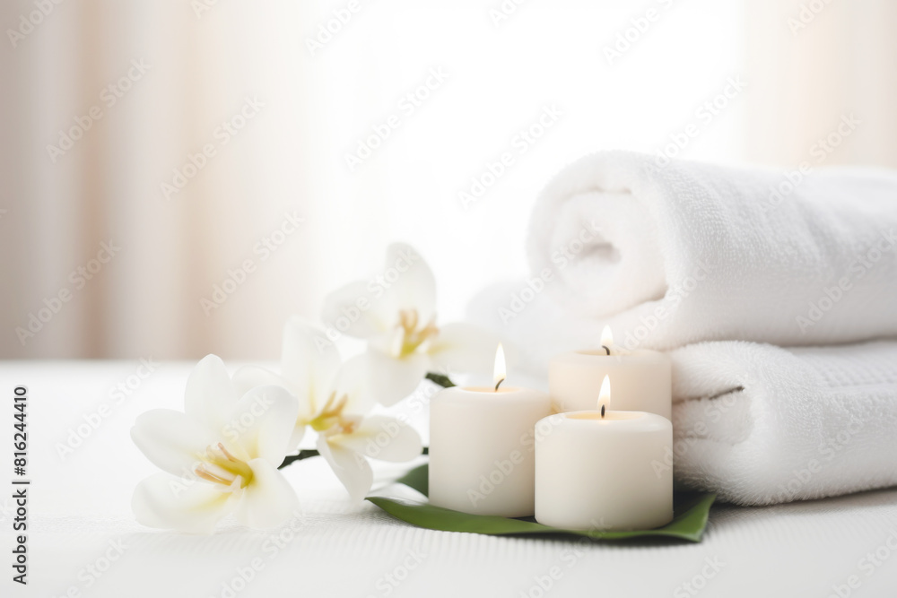 White Towels, Flowers and Candles Blurred Background