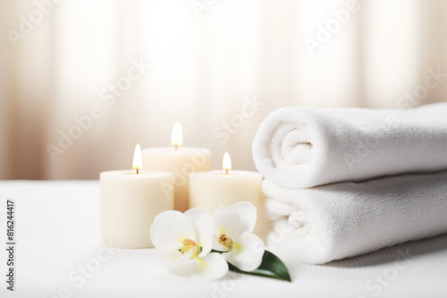 White Towels, Flowers and Candles Blurred Background