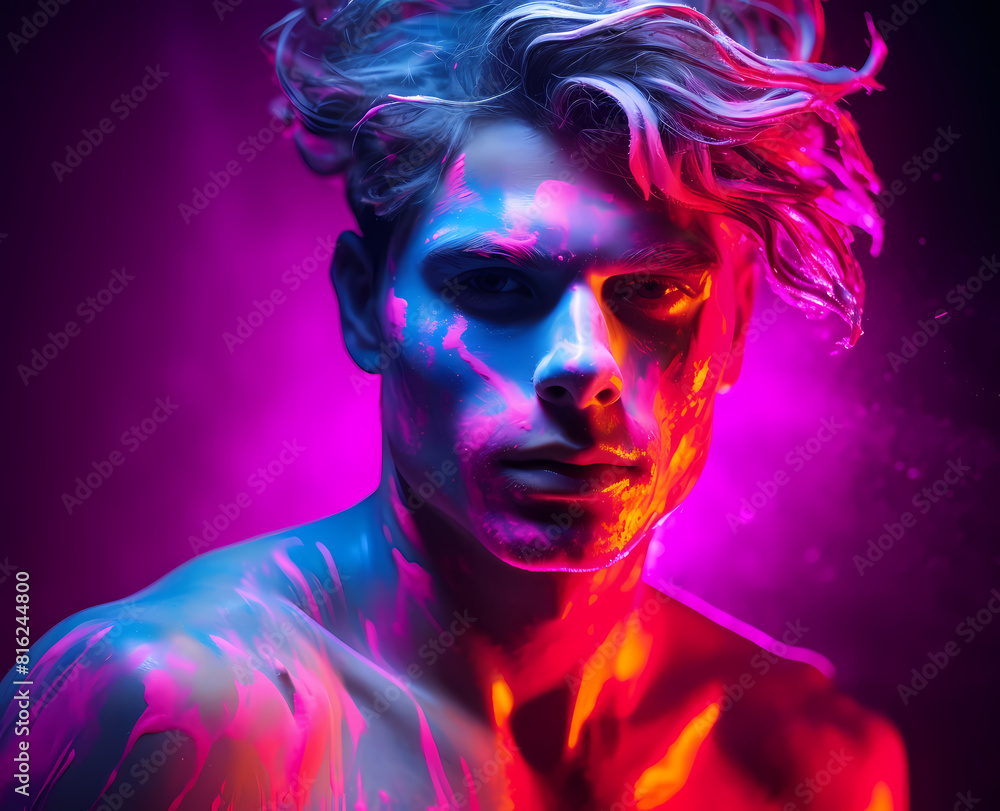 A dramatic man's face is lit with neon colors, displaying a powerful and artistic expression with modern aesthetics