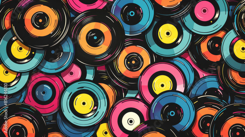 Pattern of numerous colorful vinyl records, creating a vibrant and dynamic visual.