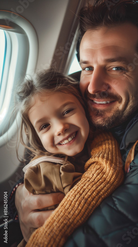 a father and her young daughter in an airplane seat, smiling and hugging,