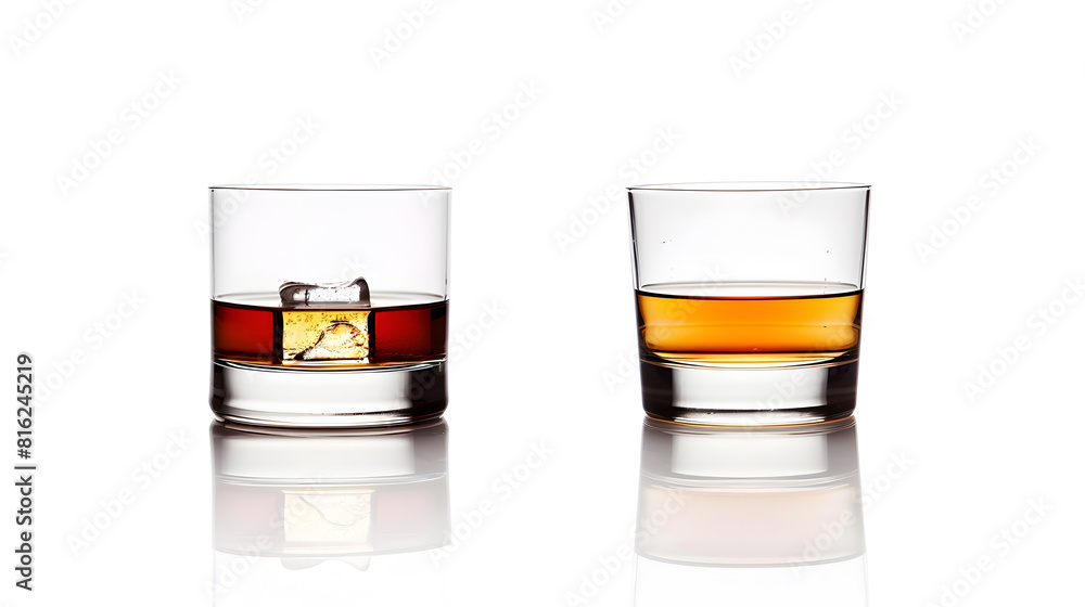 Empty and full whiskey glass isolated on white background with clipping path : Generative AI Empty and full whiskey glass isolated on white background with clipping path : Generative AI