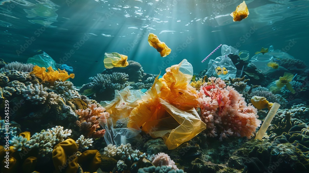Obraz premium An underwater photograph showing a coral reef entangled with various forms of plastic rubbish, from shopping bags to straws, affecting marine life