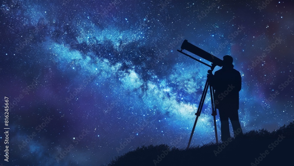 A silhouette of an scientist with telescope standing on top hill, starry sky and Milky Way in background Generative AI